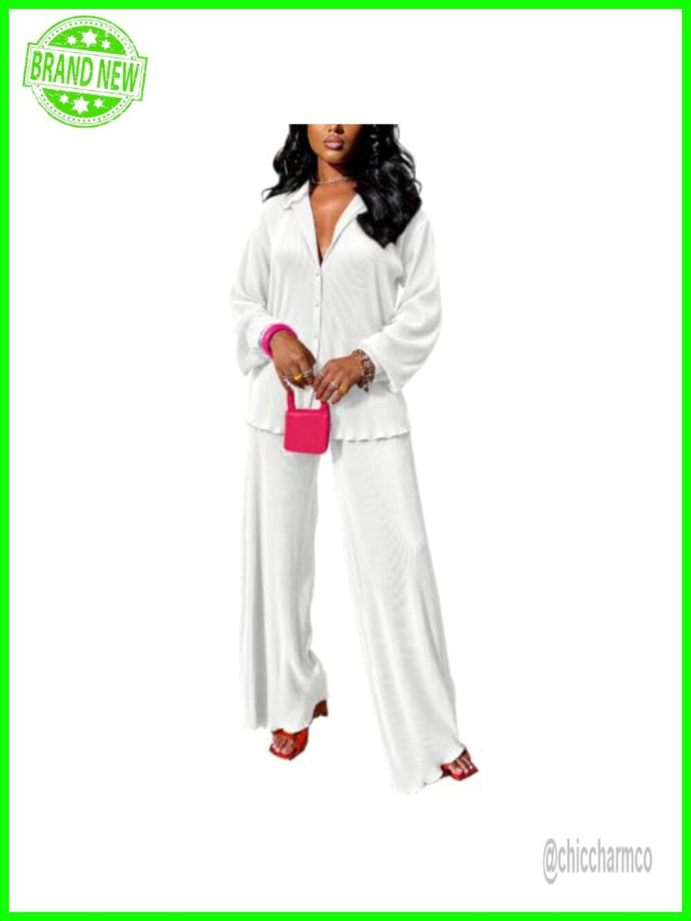 Women's 2 Piece Wide Leg Pants Set Button Down Shirt Casual Outfit